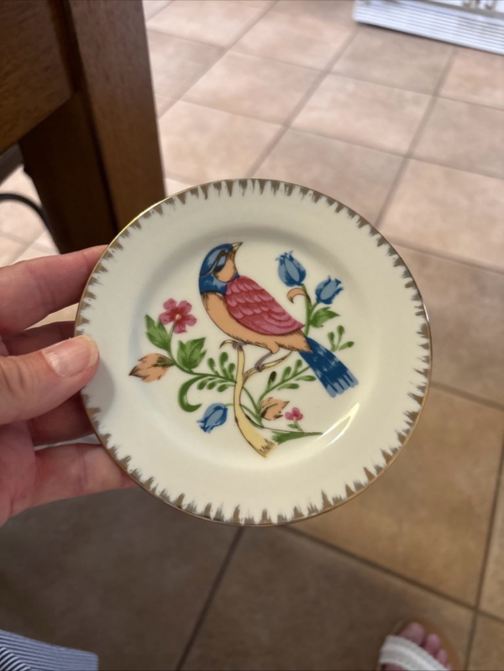 Hand-Painted Bird Porcelain Accent Dish in Blue, Pink & Green